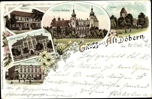 Litho Altdöbern in der Niederlausitz, Pfarrhaus, Schloss, Kirche, Kgl. Seminar, Postgebäude