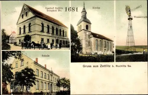 Ak Zettlitz in Sachsen, Kirche, Gasthof, Wasserwerk, Schule