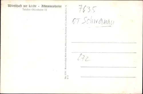 Ak Allmannsweier Schwanau in Baden, Wirtschaft zur Linde, Kirche, Kriegerdenkmal