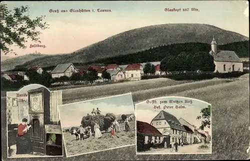 Ak Glashütten im Taunus Hessen, Gasthof zum Weißen Ross, Ernte, antike Uhr, Glaskopf, Feldberg