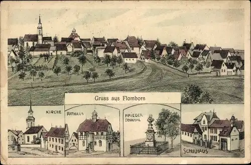 Ak Flomborn Rheinhessen, Schulhaus, Kriegerdenkmal, Rathaus, Kirche, Totalansicht