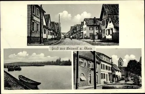 Ak Weisweil am Rhein Baden, Salmenstraße, Rheinbrücke, Kirche