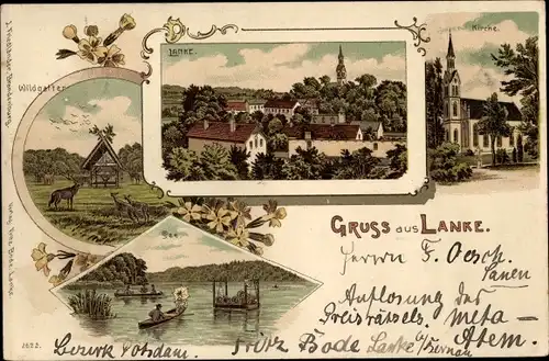 Litho Lanke Wandlitz im Kreis Barnim, Kirche, Wildgatter, See