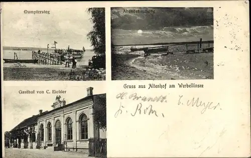 Ak Altenhof Schorfheide am Werbellinsee, Dampfersteg, Gasthof, Abendstimmung