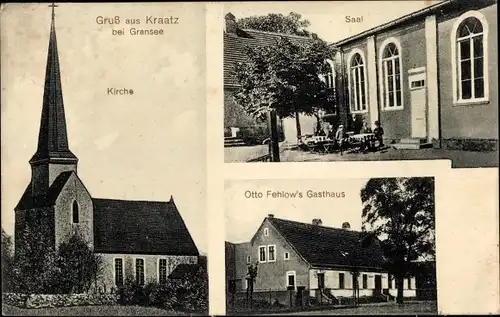 Ak Kraatz Gransee in Brandenburg, Kirche, Saal mit Terrasse, Gasthaus