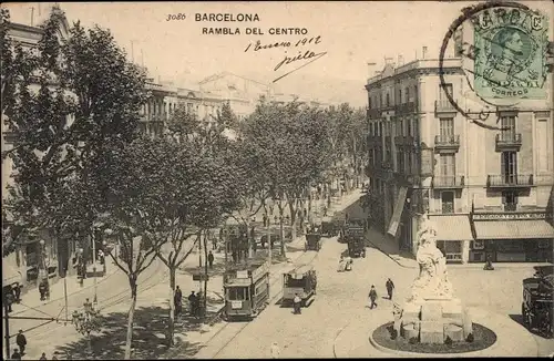 Ak Barcelona Katalonien Spanien, Rambla del Centro, Straßenbahn