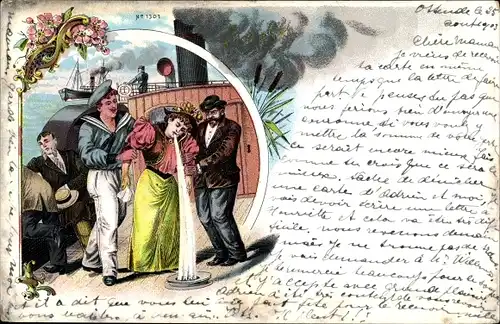 Litho Seekranke Frau, Marinesoldat, Dampfer, Dampferfahrt