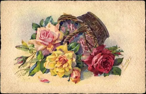 Künstler Litho Eudes, Blühende Rosen, Blumenkorb