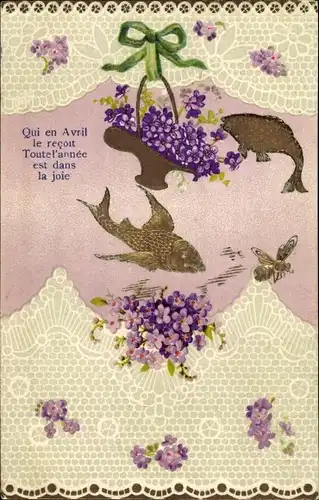 Präge Ak Glückwunsch 1. April, Fische, Veilchen