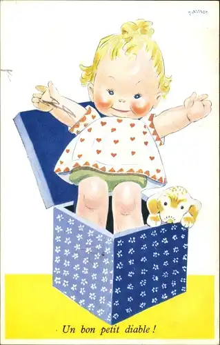 Künstler Ak Janser, Mädchen und Hund in einer Box