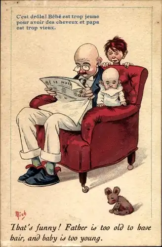 Künstler Ak Mich, Vater mit zwei Kindern, Zeitung, Sessel