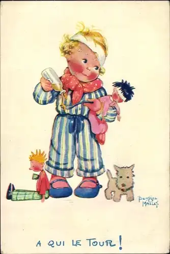 Künstler Ak Mallet, Beatrice, Kind mit Puppen, Hund, Hustensaft