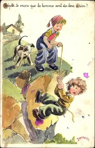 Künstler Ak Janser, Kinder beim Klettern, Junge hängt am Seil, Hund