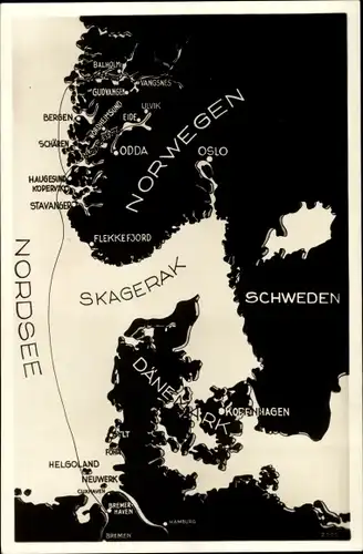 Landkarten Ak Reiseweg in den Hardanger und Sognefjord Norwegens, Schweden, Dänemark