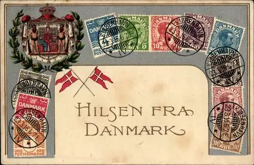Präge Briefmarken Wappen Ak Dänemark, Dänische Fahne