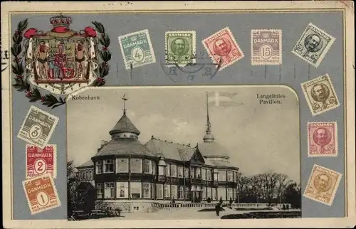Briefmarken Wappen Ak Kopenhagen Dänemark, Langelinies Pavillon