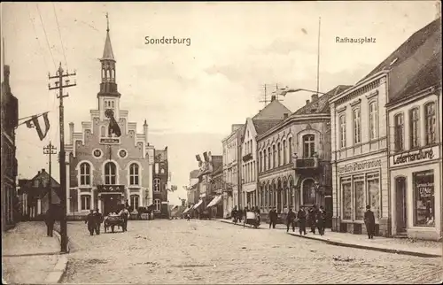 Ak Sønderborg Sonderburg Dänemark, Rathausplatz, Geschäfte, Papierhandlung, Lederhandlung