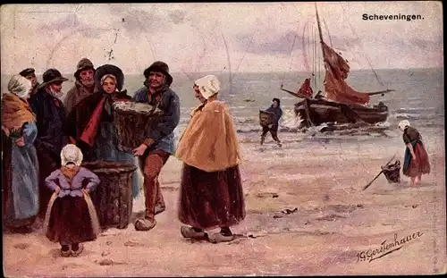 Künstler Ak Gerstenhauer, J. G., Scheveningen Den Haag Südholland, Fischerfamilie, Boot, Seeufer