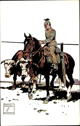 Künstler Ak Hohlwein, Ludwig, Deutscher Soldat auf einem Pferd, Rinder, Zugtiere