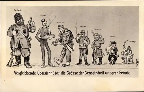 Künstler Ak Scheuermann, Willi, Vergleichende Übersicht über die Größe der Gemeinheit unserer Feinde