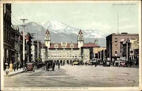 Ak Colorado Springs Colorado USA, Antlers Hotel und Pikes Peak Avenue