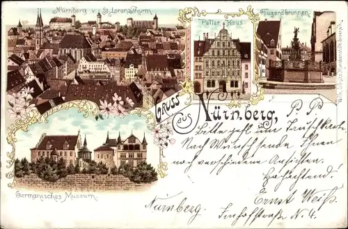 Litho Nürnberg in Mittelfranken, Pellerhaus, Tugendbrunnen, Germanisches Museum