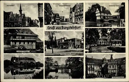 Ak Burgsteinfurt Steinfurt im Münsterland, Schloss, Parkhotel Möller, Mühle, alte Wache, Markt