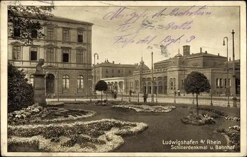 Ak Ludwigshafen am Rhein, Schillerdenkmal, Bahnhof