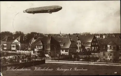 Ak Rüstringen Wilhelmshaven in Niedersachsen, Villenkolonie, Rosenstraße, Zeppelin