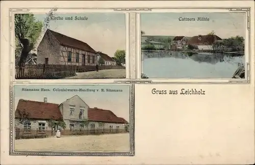 Ak Drzewce Leichholz Ostbrandenburg, Kirche, Schule, Cattners Mühle, Kolonialwarenhandlung