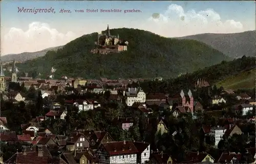 Ak Wernigerode Harz, Gesamtansicht vom Hotel Sennhütte gesehen, Schloss