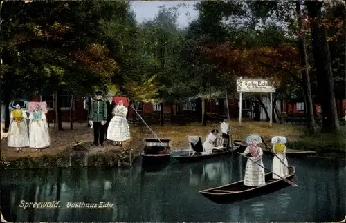 Ak Leipe Lübbenau im Spreewald, Gasthaus, Forsthaus Eiche, Spreewälderinnen in Tracht
