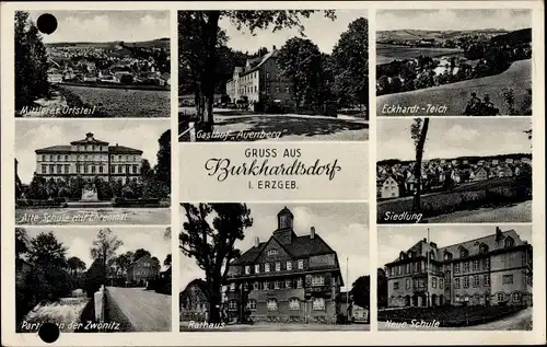 Ak Burkhardtsdorf im Erzgebirge Sachsen, Gasthof Auenberg, Schule, Rathaus, Siedlung, Teich, Zwönitz