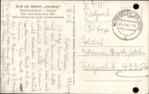 Ak Burkhardtsdorf im Erzgebirge Sachsen, Gasthof Auenberg, Schule, Rathaus, Siedlung, Teich, Zwönitz