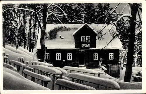 Ak Waschleithe Grünhain Beierfeld im Erzgebirge, Köhlerhütte Fürstenbrunn, Waldgaststätte, Winter