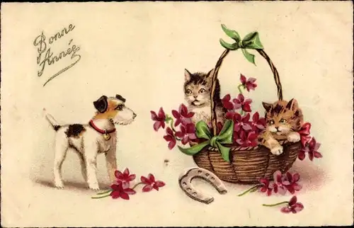 Ak Glückwunsch Neujahr, zwei junge Katzen, Blumenkorb, Hufeisen, Terrier