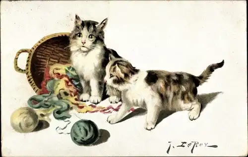 Künstler Ak Leroy, Zwei Katzen, Korb, Wollknäuel