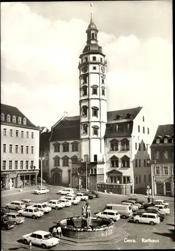 Ak Gera in Thüringen, Rathaus, Parkplatz, Brunnen