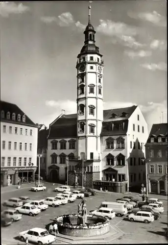 Ak Gera in Thüringen, Rathaus, Brunnen, parkende Autos