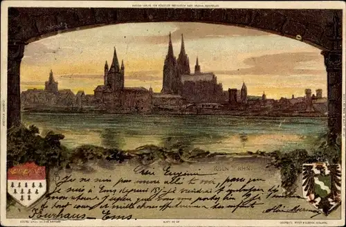 Litho Köln am Rhein, Dom, Rheinpartie, Wappen