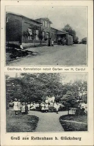 Ak Rothenhaus Wees Schleswig Holstein, Gasthaus H. Cardel, Bahnstation, Garten