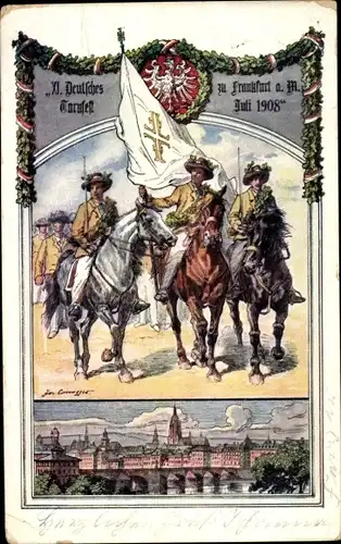 Künstler Ak Frankfurt am Main, XI. Deutsches Turnfest 1908, Reiter, Stadtansicht