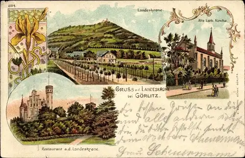 Litho Görlitz in der Lausitz, Landeskrone, Kirche, Restaurant