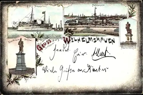 Litho Wilhelmshaven an der Nordsee, S. M. S. Hohenzollern, Hafen, Kaiser Wilhelm Denkmal