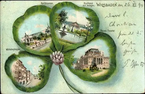 Kleeblatt Künstler Litho Schlemo, E., Wiesbaden in Hessen, Kochbrunnen, Neues Theater, Kurhaus