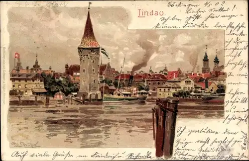 Künstler Litho Lindau am Bodensee Schwaben, Hafenpartie