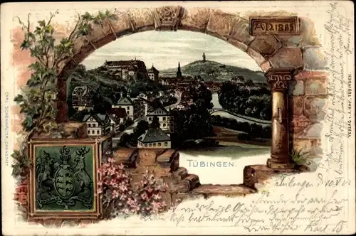 Litho Tübingen am Neckar, Durchblick auf Ort, Wappen