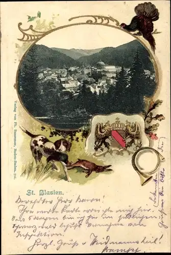 Passepartout Ak Sankt Blasien im Schwarzwald, Jagdhund, Truthahn, Wappen, Teilansicht