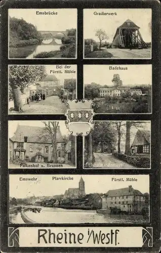 Ak Rheine in Westfalen, Falkenhof, Brunnen, Kirche, Emswehr, Mühle