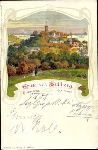 Litho Hamburg Altona Blankenese, Teilansicht vom Ort mit Süllberg